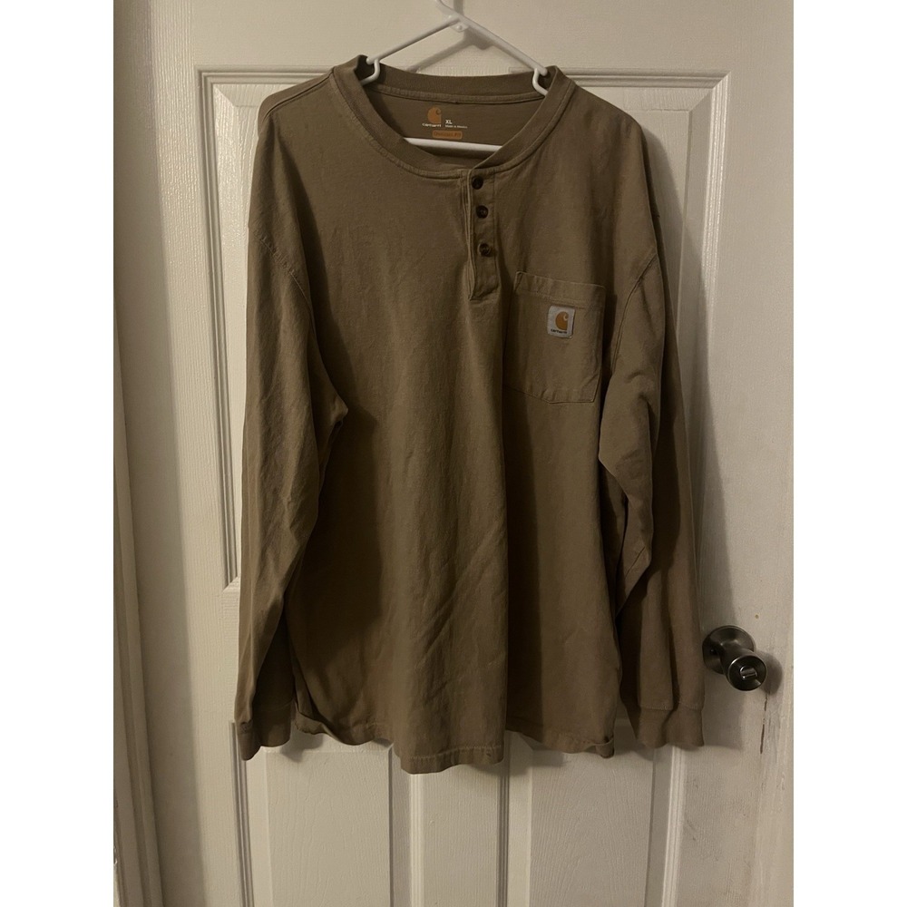 Carhartt Mens XL Brown Long Sleeve Henley Pocket Shirt Original Fit
